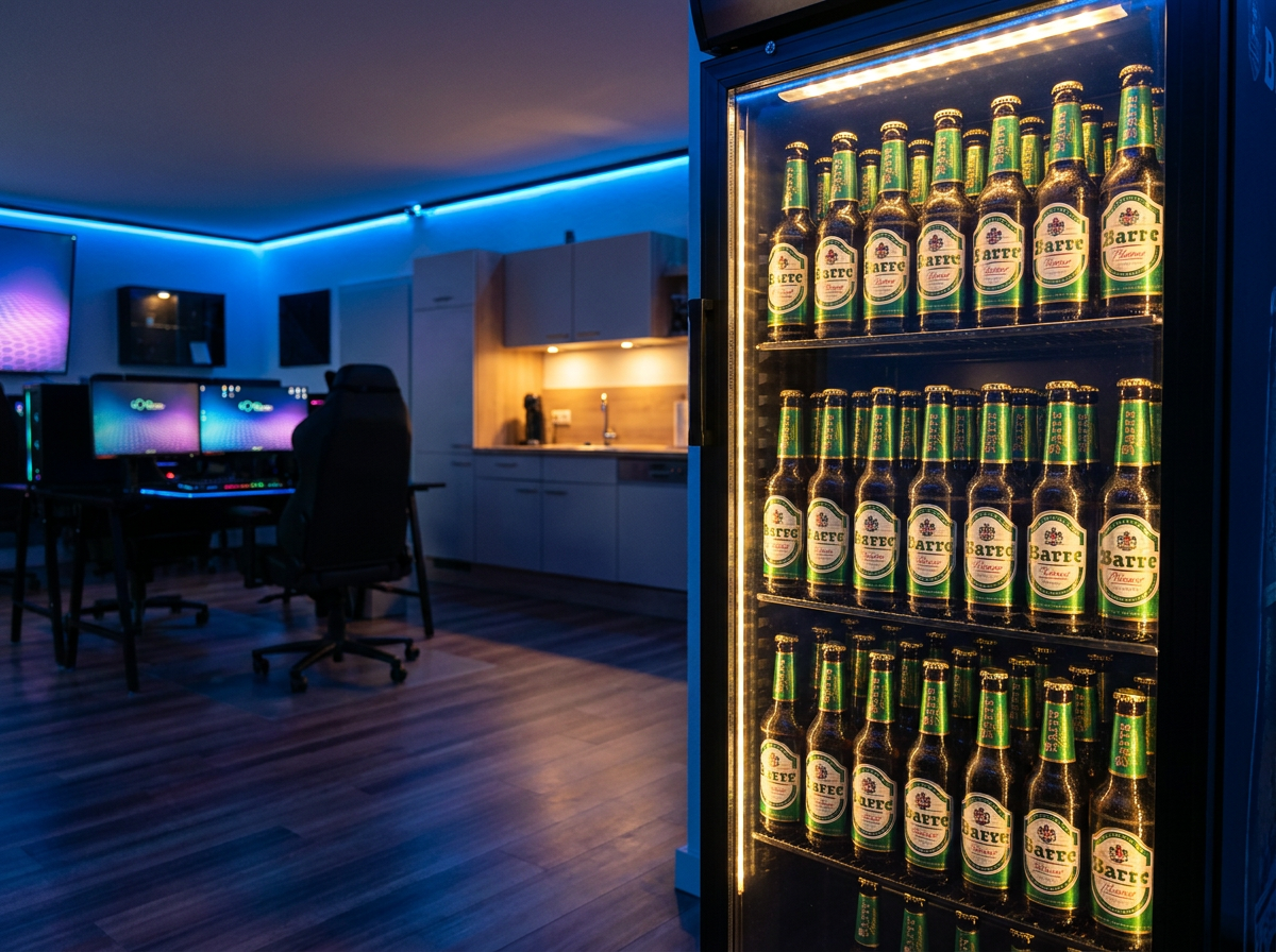 Barre Pils im Getränkekühlschrank der GOME Facility, umgeben von Gaming-Setups